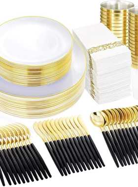 175件套装硬塑料PS一次性餐盘白色金边盘黑色餐盘双节刀叉勺酒杯