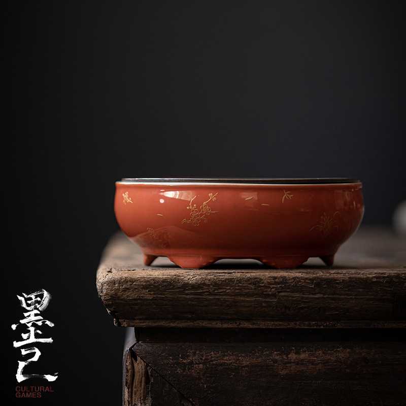 墨己 矾红仿古锡盖做旧壶承 文人干泡圆形陶瓷蓄水盘 茶道小茶盘