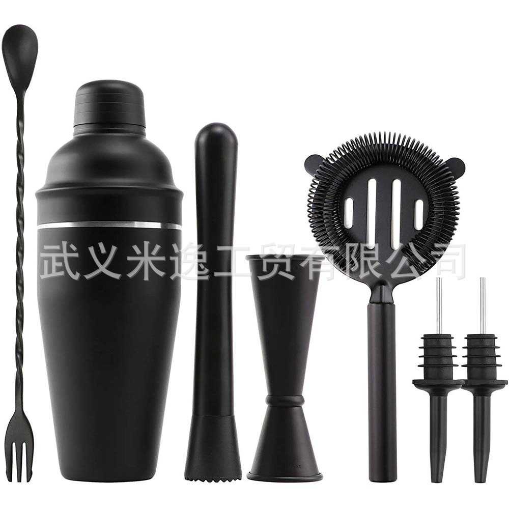 跨境热销酒具套装7件套 哑光黑不锈钢调酒器套件鸡尾酒摇酒壶现货图片
