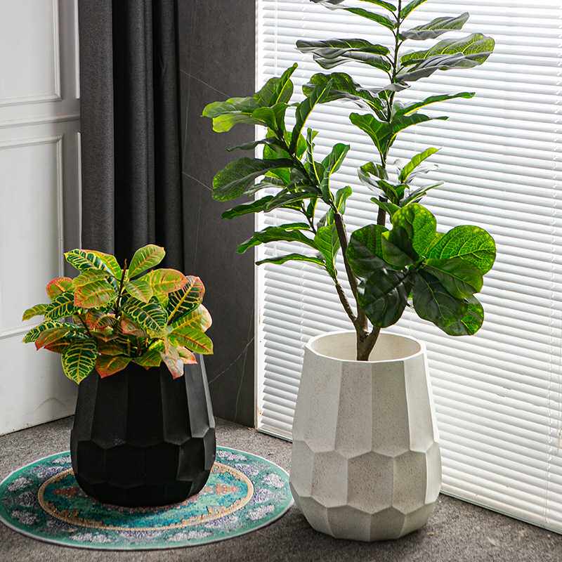 北欧镁泥落地黑金刚花盆极简高端软装特大花器客厅民宿商场别墅