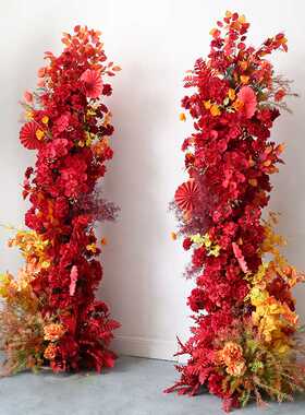婚庆拱门秋红色花拱门摆件酒店门口迎宾花柱结婚庆典花架仿真花