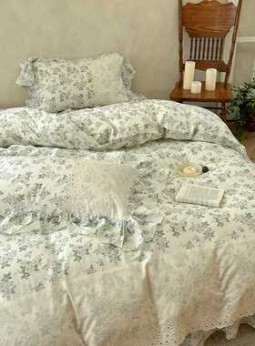 法式少女心蕾丝花边纯棉绿色小碎花床裙四件套1.5m1.8米被套床单
