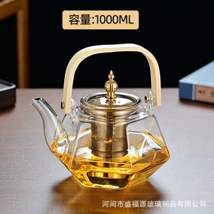 大容量木把提梁壶透n明耐高温多面壶电陶炉泡茶壶不锈钢茶水分离