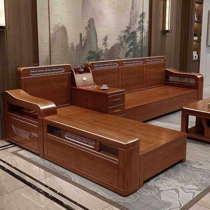 沙发家用冬夏两用储物小户型胡桃木组合沙发贵妃中式实木沙发套装