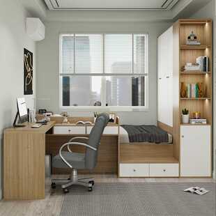 小户型高箱榻榻米带书桌床衣柜一体床组合板式 踏踏米小房间单人床