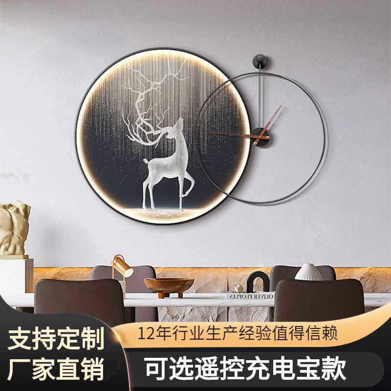 轻奢客厅装饰画沙发背景墙挂画发光led灯画麋鹿现代圆形餐厅玄关