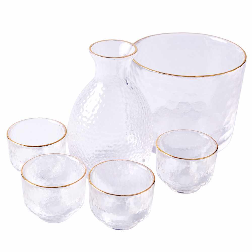日式清酒壶温酒器 酒杯套装 人工吹制创意水纹锤纹金边清酒杯