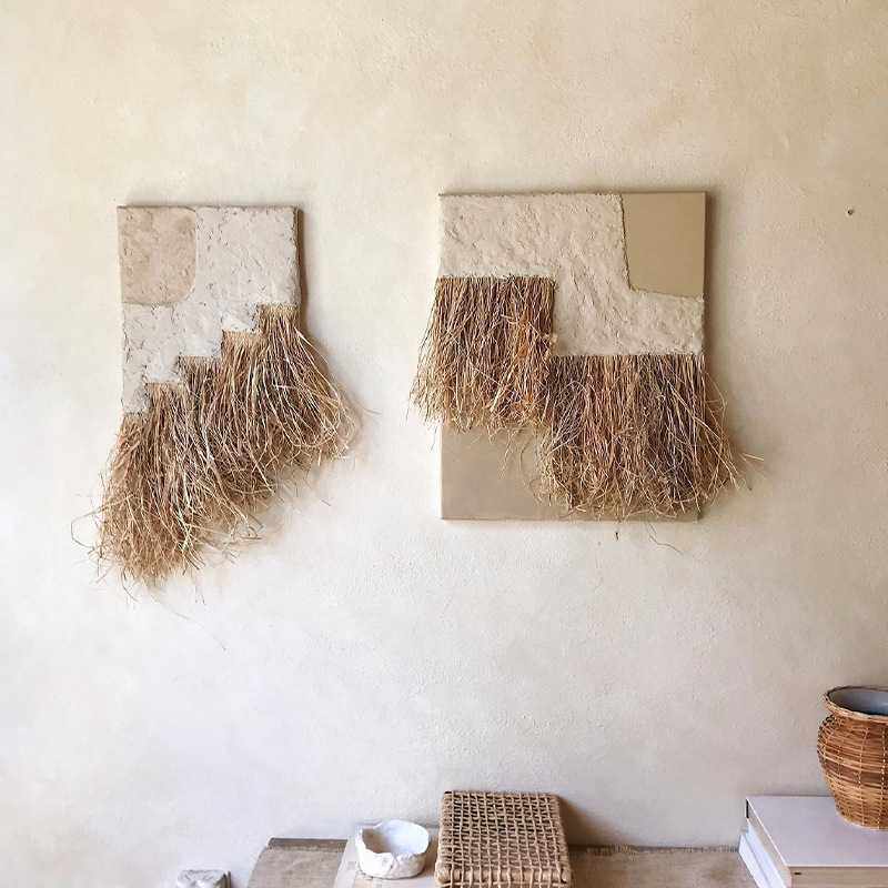 手工墙饰日式侘寂风草编民宿挂画墙面立柱复古装饰画原生态壁饰
