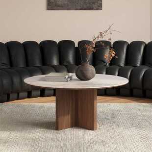 侘寂风实木洞石茶几极简小茶台小户型客厅家用圆形阳台大理石矮桌