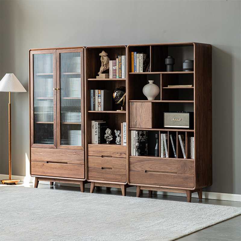 北欧黑胡桃木实木组合大容量书柜置物柜简约书房落地书架满墙书橱