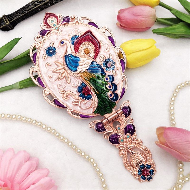 复古镜子女化妆镜古风金属可折叠欧式便携台式少女手持公主手柄镜