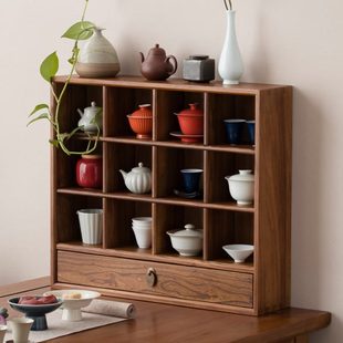 溪木工坊杯子收纳架实木新中式 展示格置物架老榆木格子架