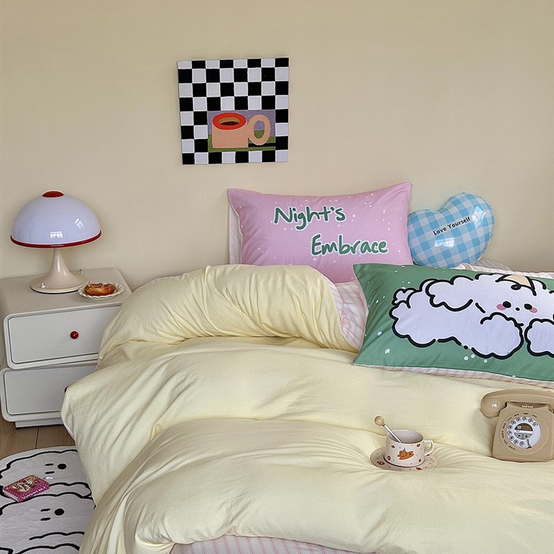 圣诞小狗卡通裸睡水洗棉四件套床上用品可爱被套床单人.学生三件