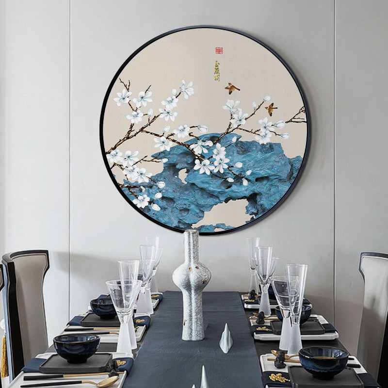 新中式装饰画圆形玄关壁画餐厅饭店挂画茶室背景墙禅意水墨花鸟画图片