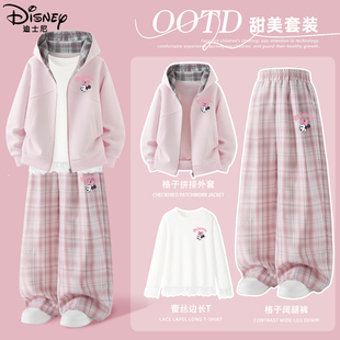 迪士尼女童春秋款套装薄款格子阔腿裤2026新款儿童连帽外套春装潮
