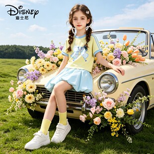 迪士尼女童短袖套装2026新款小女孩夏衣服短款薄款儿童夏装t恤女