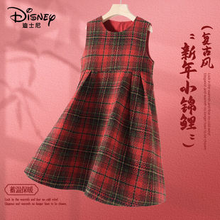 迪士尼拜年服女童裙子冬装毛呢格纹长裙新款复古风儿童红色连衣裙