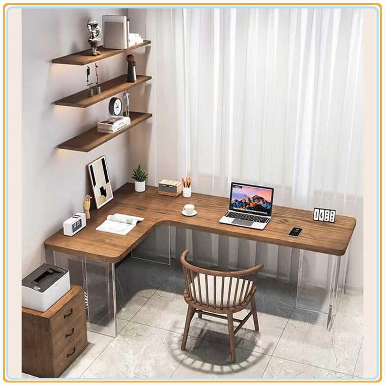 严选亚克力转角实木书架书桌组合一体小户型电脑桌子悬浮学习书桌