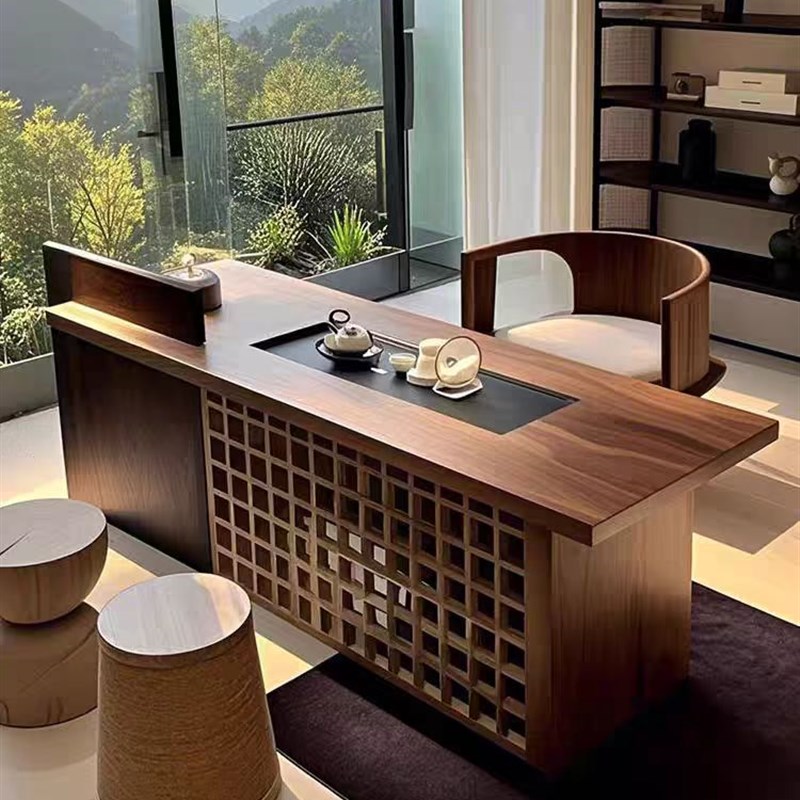 新中式黑胡桃白蜡k木新款干湿泡茶桌椅组合品质实木办公室酒店家