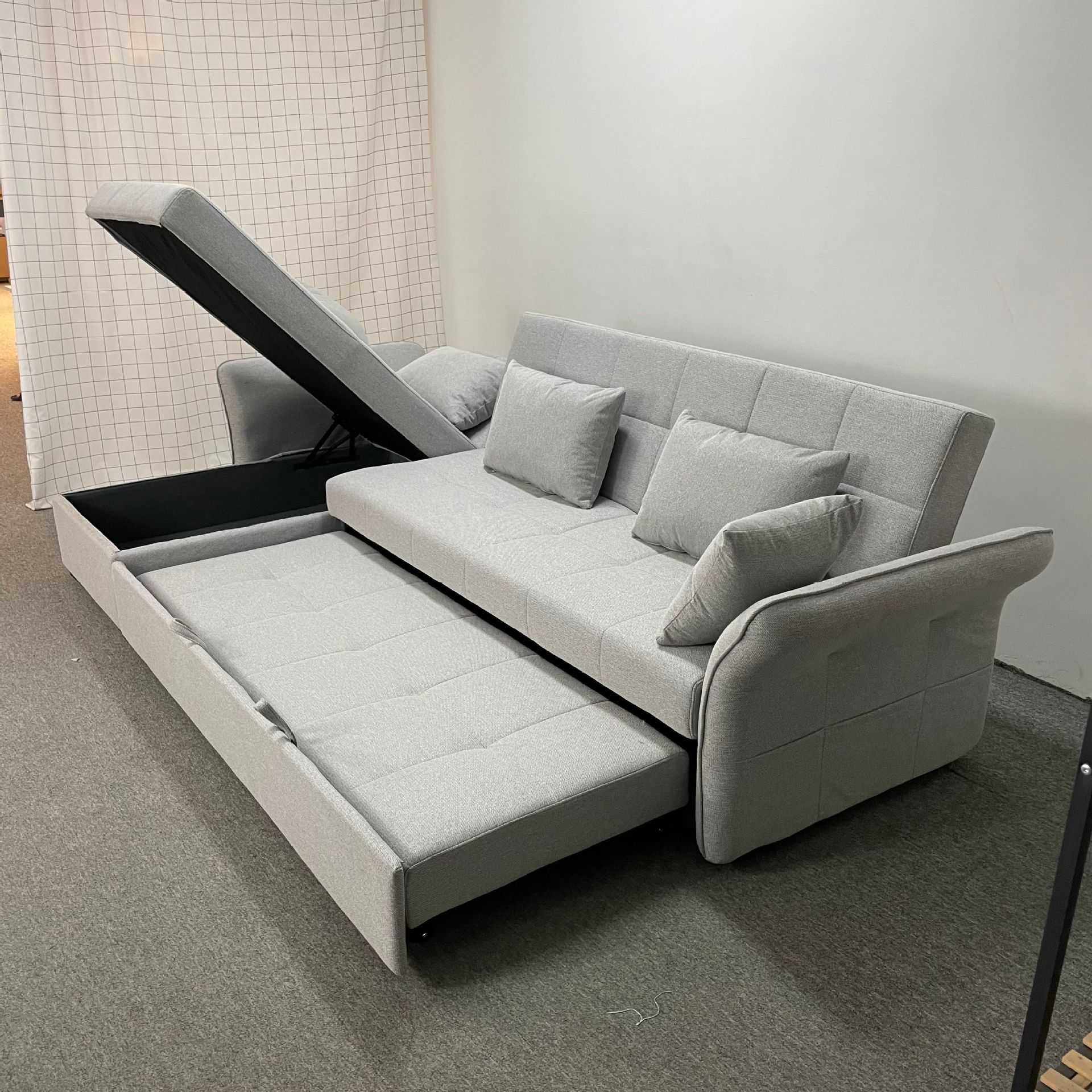 极简中小户型客厅折叠两用转角带储物箱仿棉麻多功能沙发床