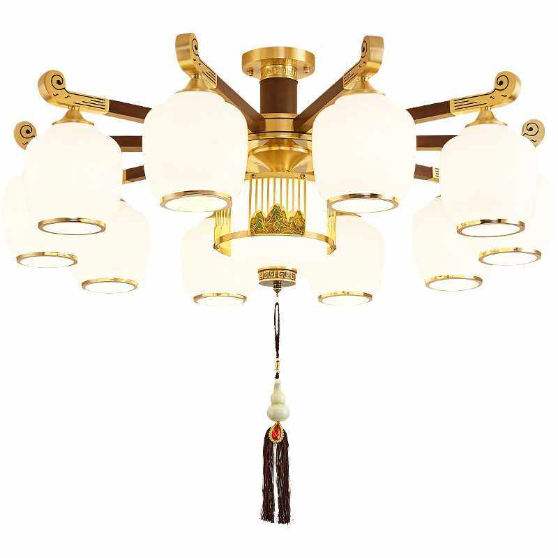 新中式吊灯全铜实木客厅灯古典中国风千里江山餐厅灯书房卧室灯具