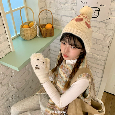 No beef韩国复古爱心毛球护耳毛线帽女秋冬保暖帽子针织帽显脸小