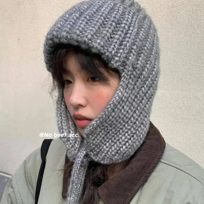No beef韩国ins灰色系带针织毛线飞行帽子女秋冬保暖百搭护耳滑雪