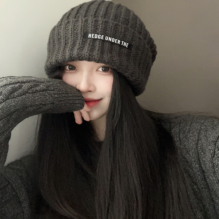 蓝色针织毛线帽女2025秋冬季大头围百搭帽子显脸小保暖护耳包头帽