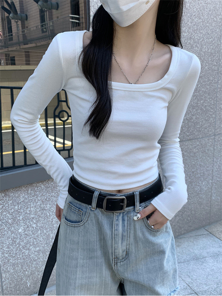 正肩方领T恤女白色内搭打底衫秋装春季紧身辣妹纯欲ins风长袖上衣
