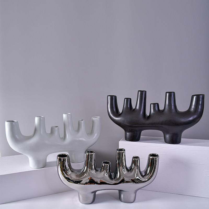 黑白镀银多孔创意陶瓷花器现代简约家居装饰柜玄关软装插花摆件