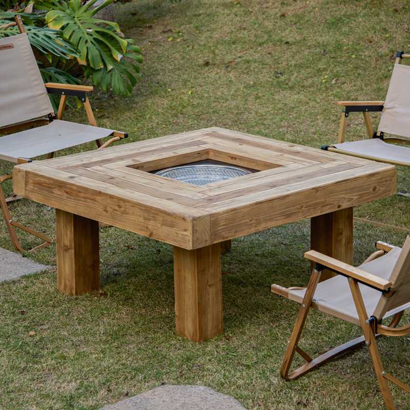 实木户外围炉煮茶桌子阳台茶桌方形取暖桌烤火民宿家用茶几矮桌子