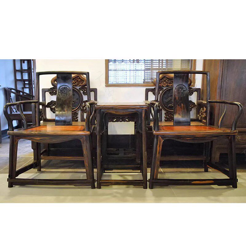 红木家具 乌纹木 条纹乌木+花梨瘿面板 南官帽椅(现货,EI1142)