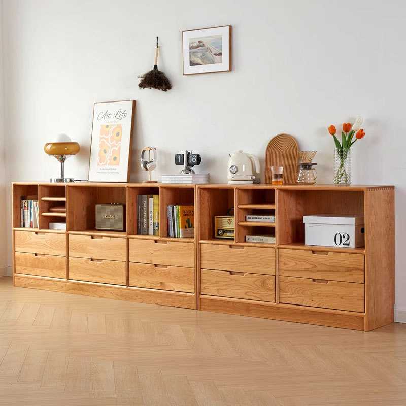 北美橡木实木落地矮书柜玄关书柜书架樱桃木电视柜组合格子储物柜