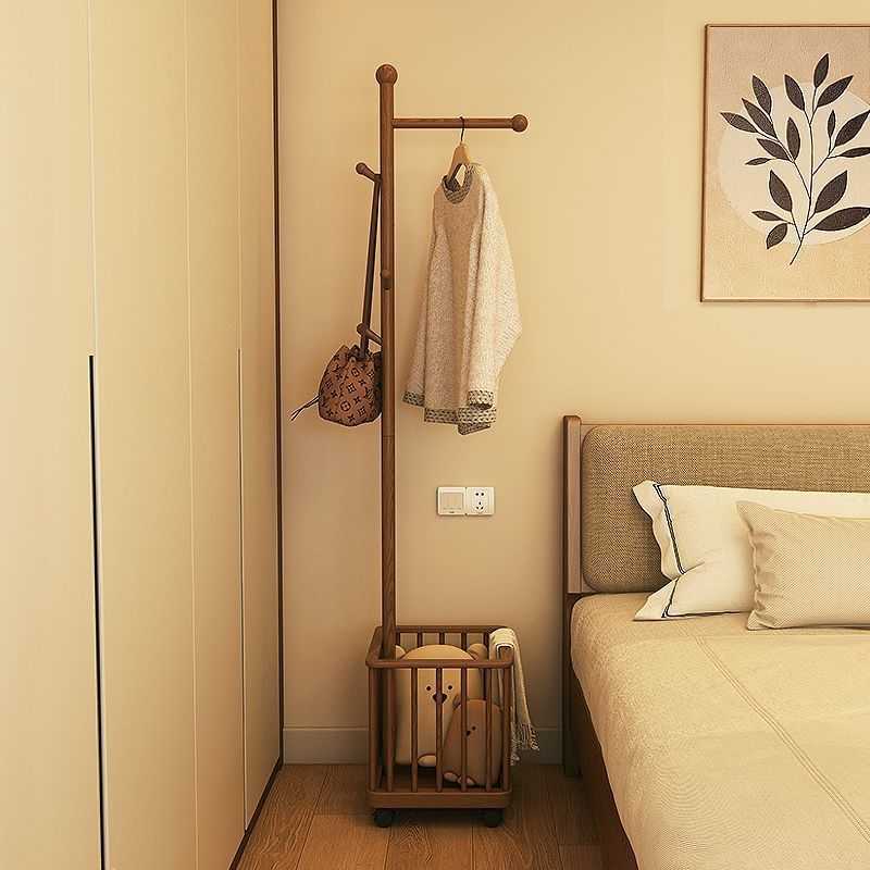 衣架落地卧室可移动家用脏衣篓置物架实木挂衣架多功能床边衣帽架