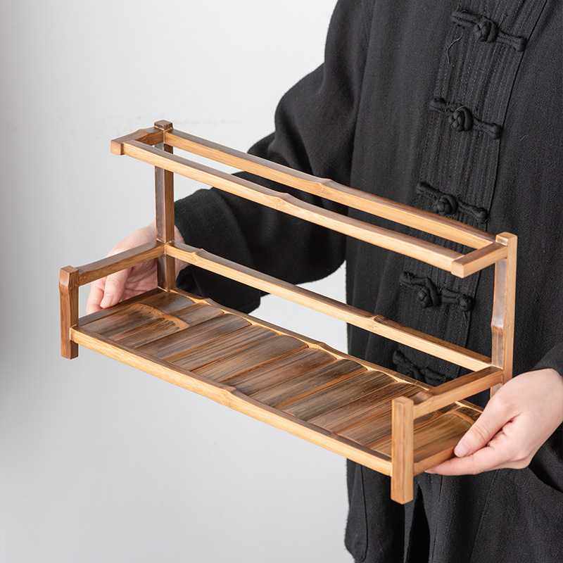 竹制杯架复古功夫茶具收纳架茶杯架子双层博古架晾杯架茶壶展示架