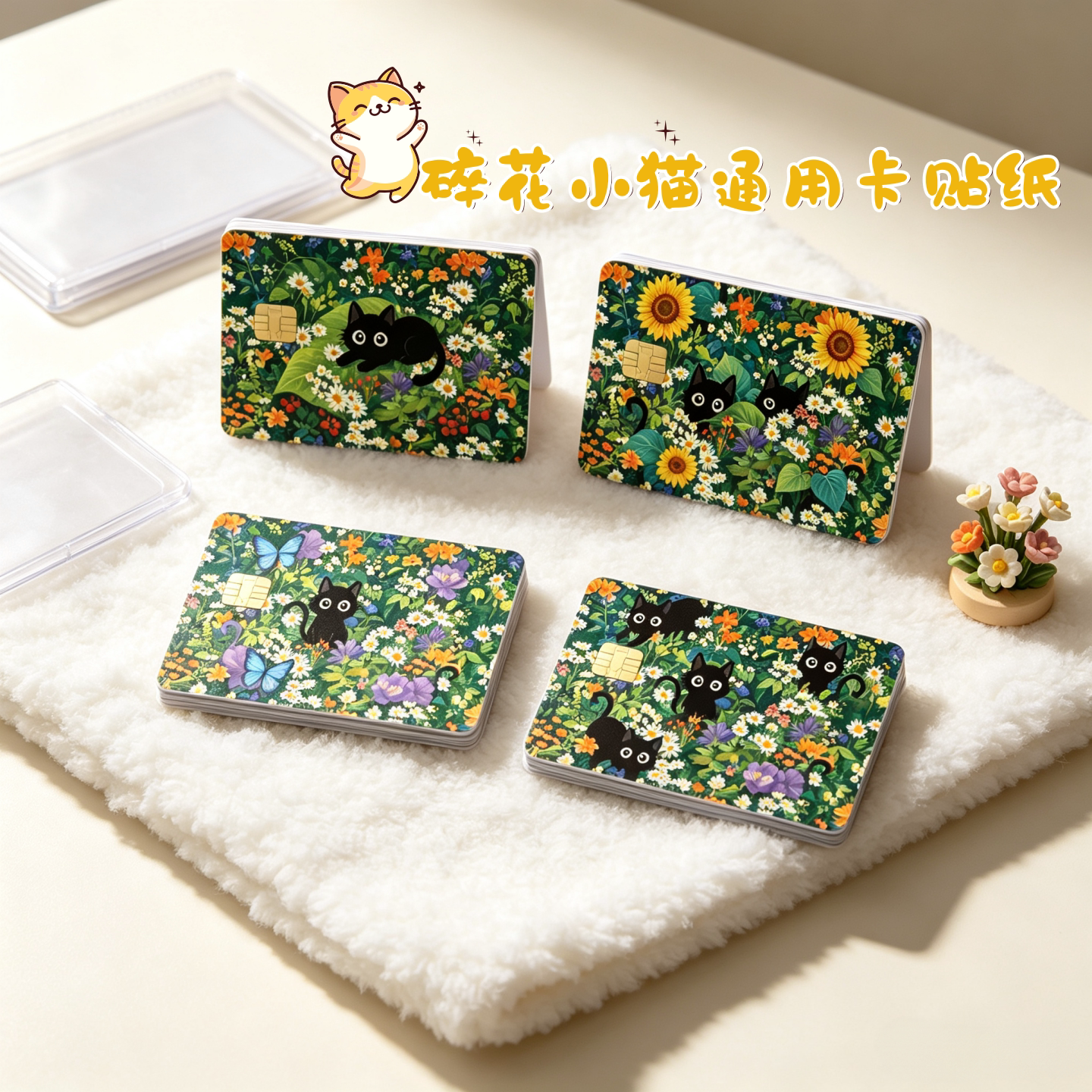 4款绿野小黑猫卡贴ins风清新花卉