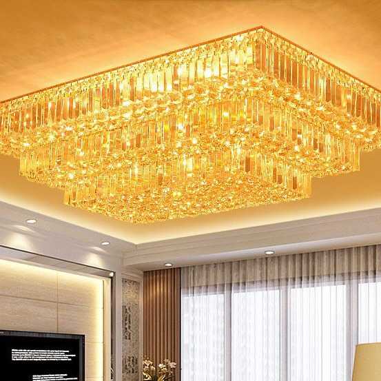 现代客厅灯长方形水晶灯LED水晶吸顶灯具金色大气卧室灯餐厅灯饰
