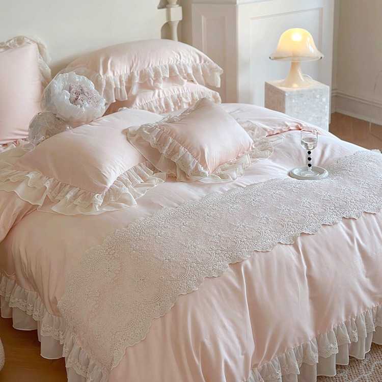 法式浪漫蕾丝公主粉140支长绒棉四件套纯棉贡缎被套全棉床上用品