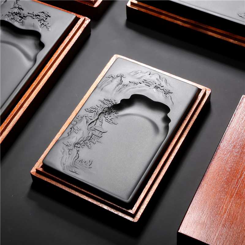 安徽歙砚 名师设计山水文人砚台 精品天然老坑原石黑龙尾歙砚文房