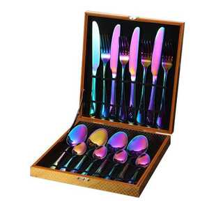 跨境不锈钢刀叉勺16件套木盒套装镀钛金1010酒店西式牛扒刀叉套装