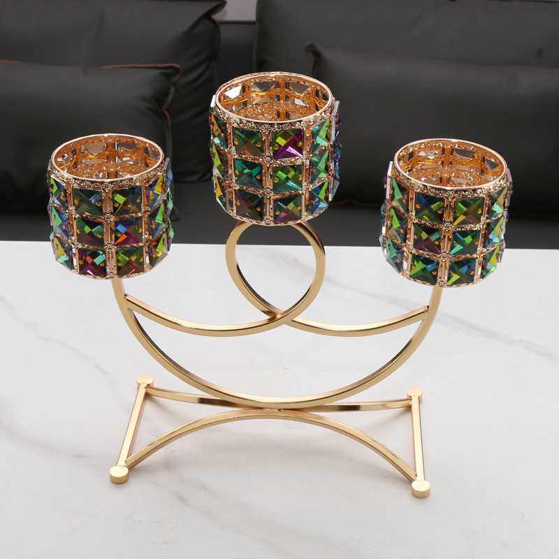 欧式三头羽毛水晶烛台家用餐桌烛光晚餐北欧水晶浪漫装饰蜡烛摆件