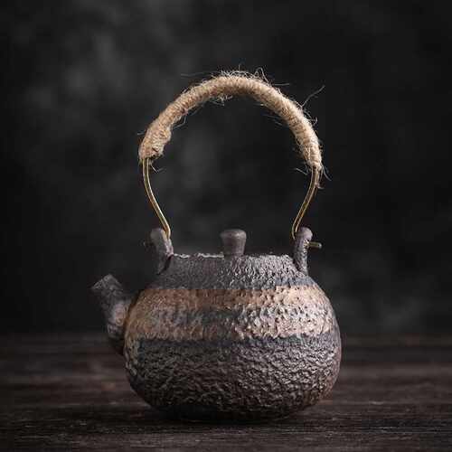 古早烧小号提梁壶复古鎏金铁釉粗陶手工简约陶瓷功夫茶壶温茶套装