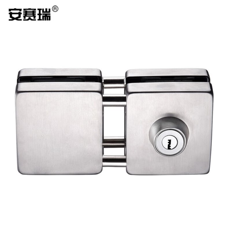 安赛瑞玻璃门锁免开孔304不锈钢双门双开J移门防盗锁具玻璃锁方形