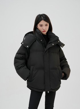 95白鹅c绒灰色短款羽绒服2023新款男女情侣加厚小众设计感面包服