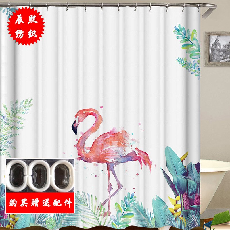 窗帘涤纶布 火烈鸟数码印花浴帘 多功能防水防霉卫生间浴帘