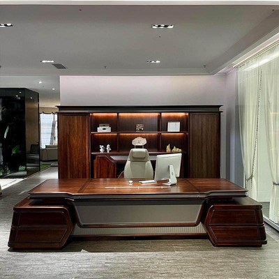 新中式实木老板办公桌简约现代董B事长办公室北美黑胡桃木大班台