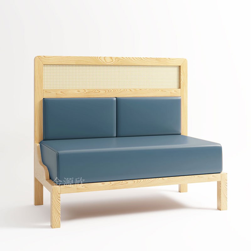 主题餐厅茶楼卡座桌椅组合咖啡厅酒吧桌椅实木编藤X靠墙卡座沙发