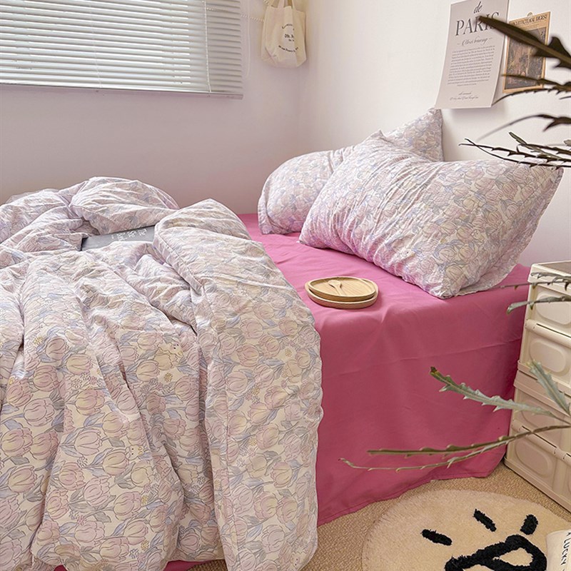 韩式insc少女心浪漫紫色郁金香小兔水洗棉四件套床单1.8被套三件