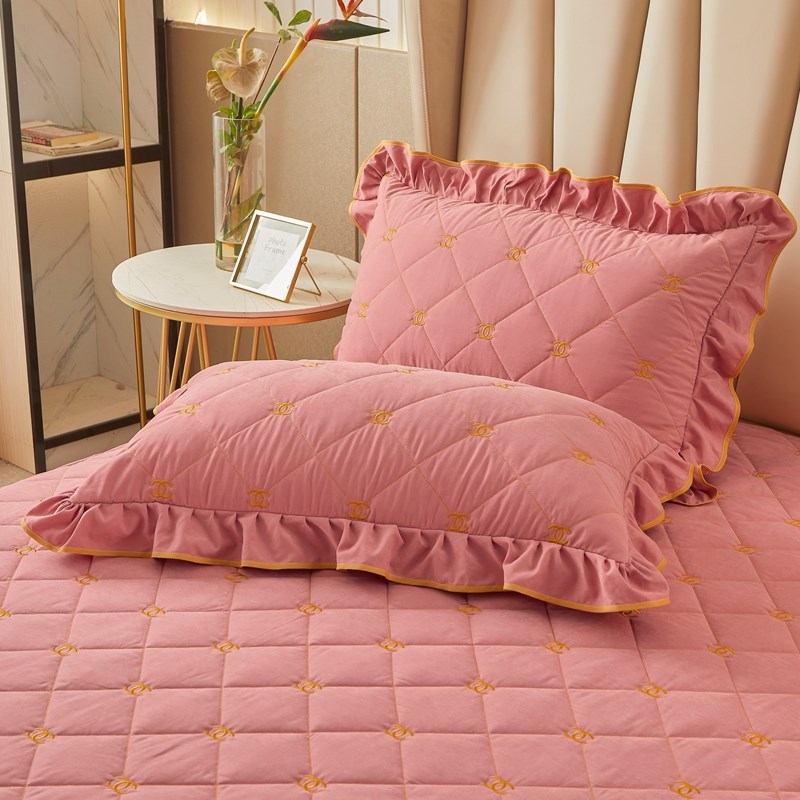 纯色绗缝夹棉枕套一对装荷叶花w边枕芯套子加厚单人48x74cm枕头套