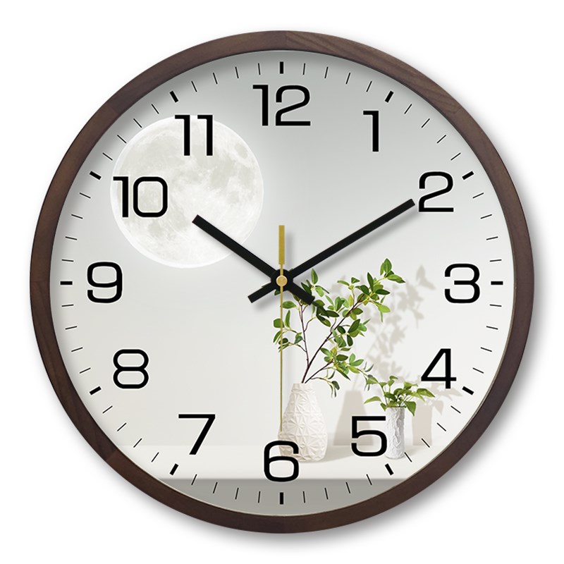 简约现代实木绿j植静音挂钟客厅家用奶油风创意挂钟书房原木风时